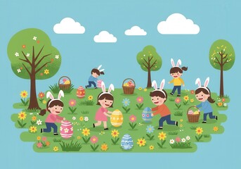 Obraz premium Children enjoy easter egg hunt in colorful spring meadow