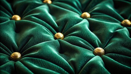 A Luxurious Emerald Velvet Upholstery with Intricately Crafted Golden Buttons, Each Embossed with a Delicate Pattern, Creates a Sophisticated and Elegant Design