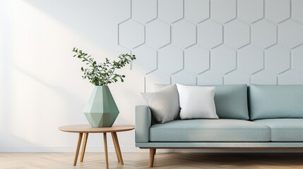 A modern living room featuring a light-colored sofa, a geometric vase with greenery, and a stylish wooden side table against a textured wall.