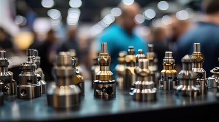 Close-Up View of Precision Engine Components Displayed at an Industrial Trade Show Focused on Manufacturing Technology and Mechanical Engineering Innovations