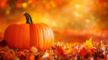 Fall pumpkin resting against an orange backdrop ideal for festive seasonal designs