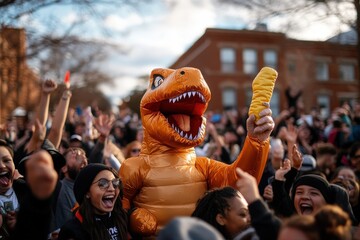 Dinosaur costume celebration in diverse crowd at outdoor festival