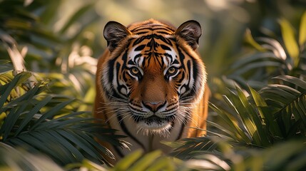 Fototapeta premium A close-up of a tiger prowling through lush green foliage, showcasing its striking features and natural habitat.