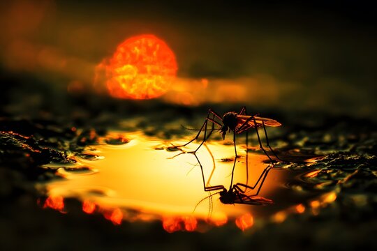 Mosquito biting a person s neck with soft light early morning outdoor setting 