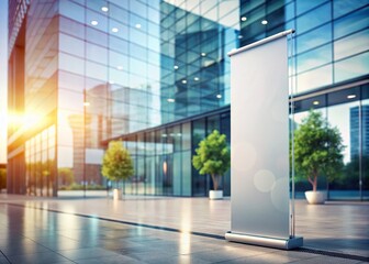 Fototapeta premium Blank Roll Up Banner Near Modern Building - 3D Render Bokeh Effect Stock Photo