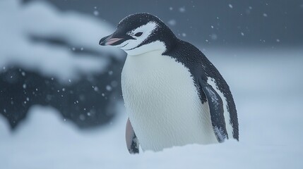 Obraz premium A solitary penguin stands amidst falling snow in a serene, icy landscape.