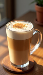 Tall Glass of Layered Vanilla Latte with Cinnamon Garnish