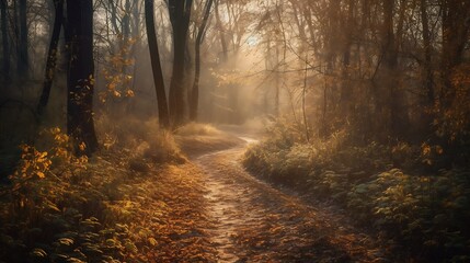 Obraz premium Autumnal Forest Path Sunlit Mist Morning