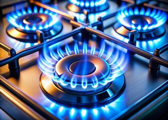 Blue Gas Stove Flames Top View - Empty Space for Text - Kitchen Cooking Background