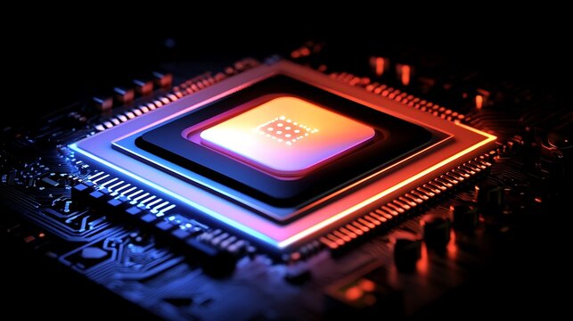 Conceptual futuristic chipset glowing with an AI-inspired light aura