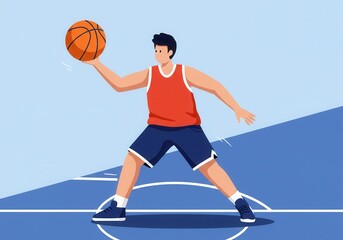 Illustrated basketball player dribbling on court in action-packed pose