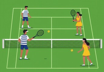 Fototapeta premium Mixed doubles tennis match on vibrant court with engaged players