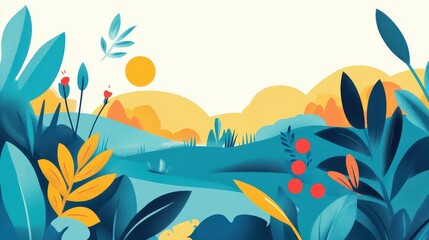 Abstract Landscape with Blue and Yellow Foliage and Red Berries