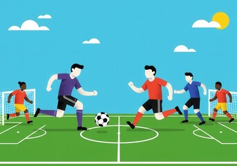 Fototapeta premium Vibrant soccer match: animated players on green field with blue sky and sun