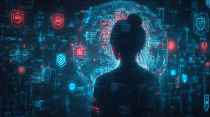 person inside a glowing bubble, surrounded by floating personal data and shield icons