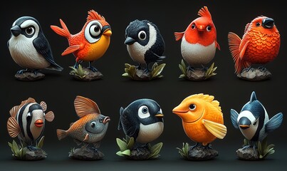 Fototapeta premium A collection of colorful bird figurines displayed on a dark background, showcasing artistic craftsmanship.