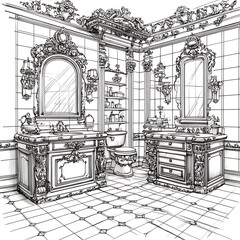 Fototapeta premium Architectural Sketch of an Ornate Victorian Bathroom Design.
