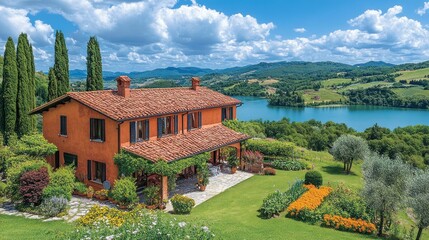 Fototapeta premium Scenic view of a rustic villa surrounded by lush greenery and a tranquil lake.