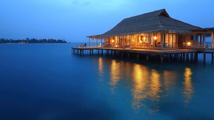 Obraz premium A serene waterfront villa at dusk, reflecting warm lights on calm waters.