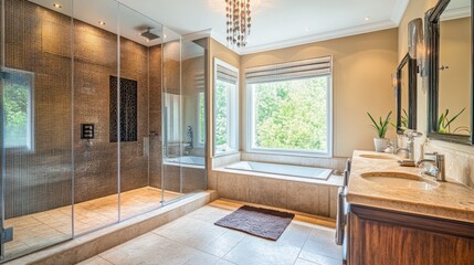 A large bathroom with a glass shower stall and a tub