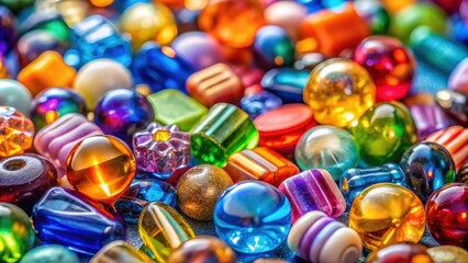 A vibrant tapestry of colorful glass beads, each reflecting light and shimmering with a unique brilliance, creating a dazzling display of textures and hues.