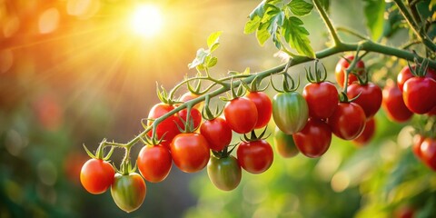 Fototapeta premium Sunlight illuminating a vine laden with ripe red and green tomatoes, a testament to nature's bounty