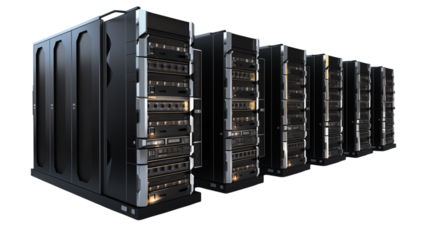 A row of large server machines isolated on a transparent background
