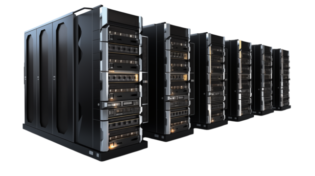 A row of large server machines isolated on a transparent background
