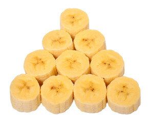 Bananas rings cut isolated on white background. Pieces, tropical fruit. Sliced. Flat lay, top view