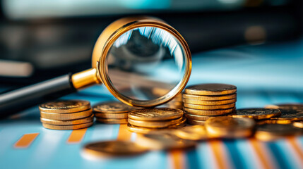  Stack of money coin and magnifying glass with graph and candle stick chart.