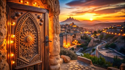 Cappadocia Coffee Shop: Mysterious Bokeh Doorway Stock Photo