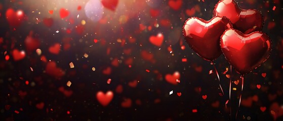 Valentine's Day background with heart-shaped balloons and confetti, cityscape in the blurred background, copy space for text, banner design
