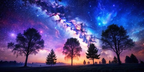 Fototapeta premium Celestial Night: Double Exposure Starry Sky and Silhouetted Trees