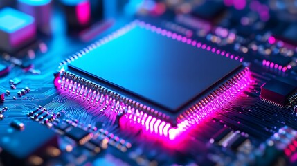 Conceptual futuristic chipset featuring vibrant pulsating lights