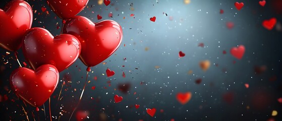 Valentine's Day background with heart-shaped balloons and confetti, cityscape in the blurred background, copy space for text, banner design