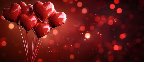 Valentine's Day background with heart-shaped balloons and confetti, cityscape in the blurred background, copy space for text, banner design