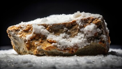 A rough, textured rock, frosted with a light dusting of snow, sits on a bed of pure white snow, contrasting sharply against a deep, velvety black backdrop.