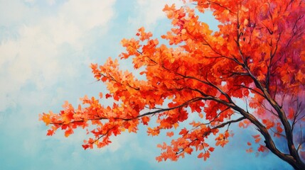 Vibrant Autumn Tree with Fiery Orange Leaves Against a Soft Blue Sky, Capturing the Beauty of Nature in a Stunning Seasonal Transition Scene