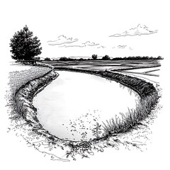 Obraz premium Ink Sketch of Serene Rice Paddy Landscape with Irrigation Canal.