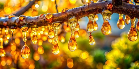 Chios Mastic Tears: Sunlit Resin Droplets on Branch, Greece