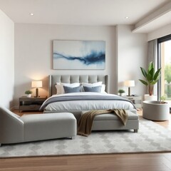 a serene and modern bedroom, characterized by its elegant design and calming color palette. Bed, Artwork, Lighting, Seating Area, Plant Decor, Flooring, Windows.