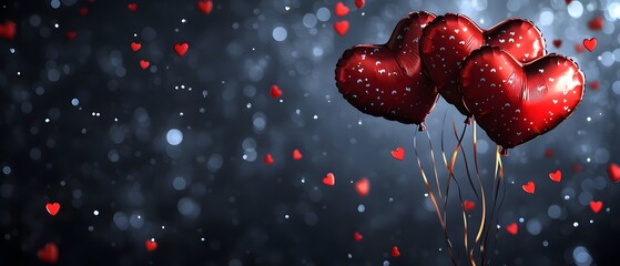 Valentine's Day background with heart-shaped balloons and confetti, cityscape in the blurred background, copy space for text, banner design