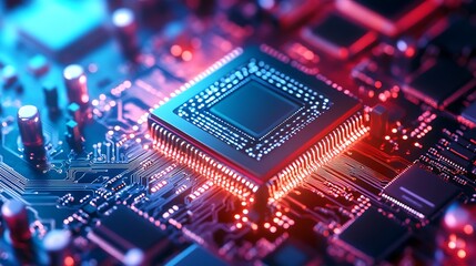 Generative futuristic chipset highlighted by cascading tech visuals