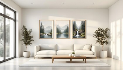 A serene living room with a large white sofa, wooden coffee table, and three framed landscape paintings depicting misty forests and lakes