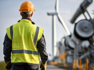 Obraz premium Engineer inspection wind power plants with check performance