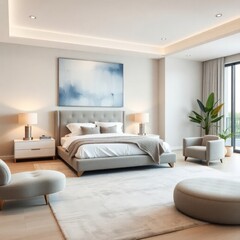Fototapeta premium a serene and modern bedroom, characterized by its elegant design and calming color palette. Bed, Artwork, Lighting, Seating Area, Plant Decor, Flooring, Windows.