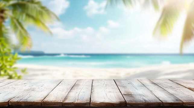 Empty wooden table or pier with sunny beach and sea on background - Powered by Adobe
