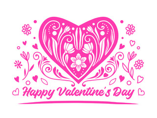 Elegant pink heart illustration with detailed floral and swirl motifs, accompanied by the text "Happy Valentine's Day." Ideal for holiday-themed designs, cards, and decorations
