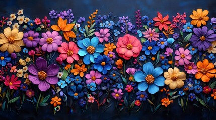Vibrant colorful paper flowers arranged in a horizontal row on a dark background.