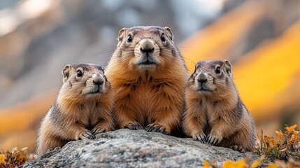Fototapeta premium Three adorable marmots sitting on a rock, surrounded by a colorful autumn landscape.